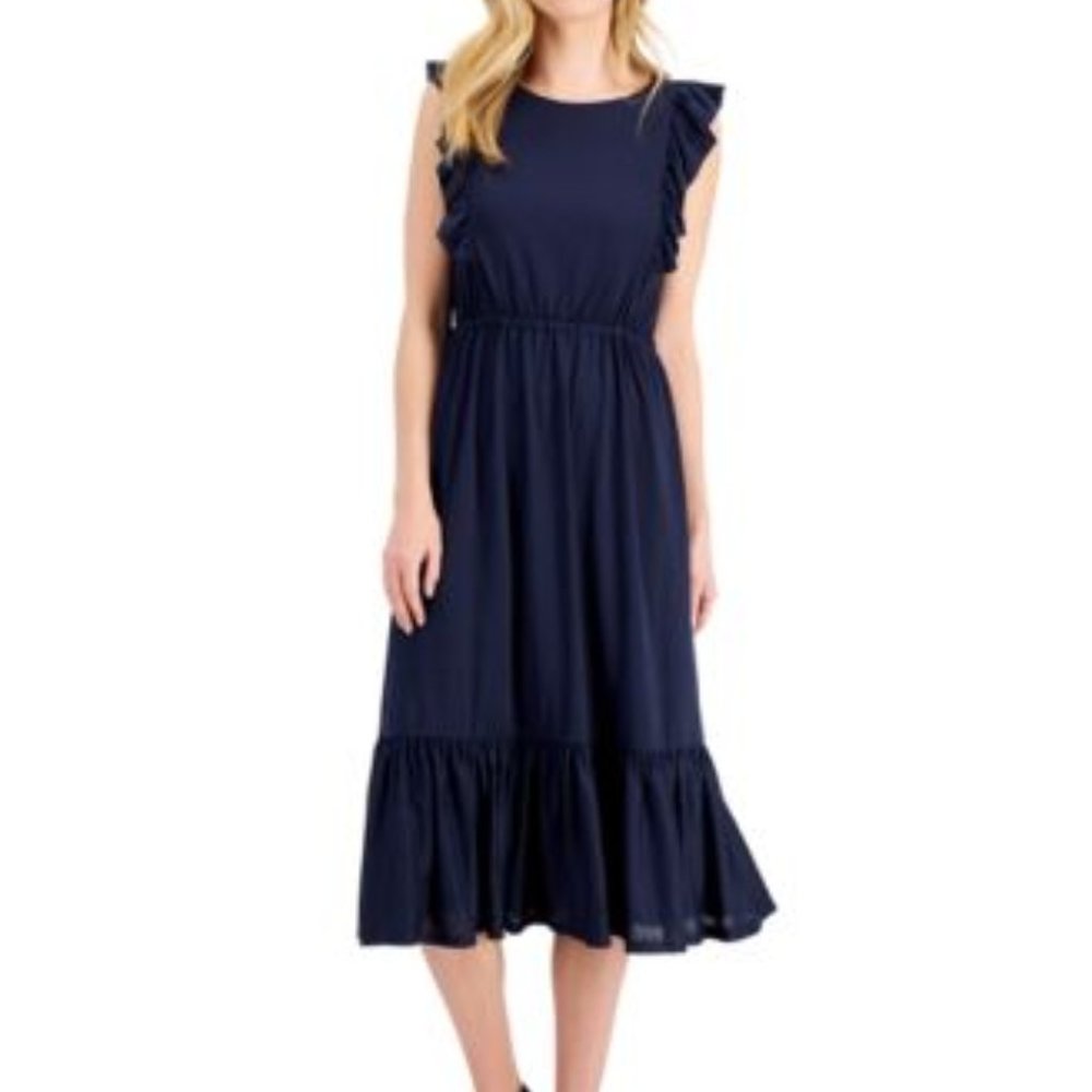 CHARTER CLUB INTERPID BLUE EXOTIC ESCAPE SHORT RUFFLE SLV DRESS